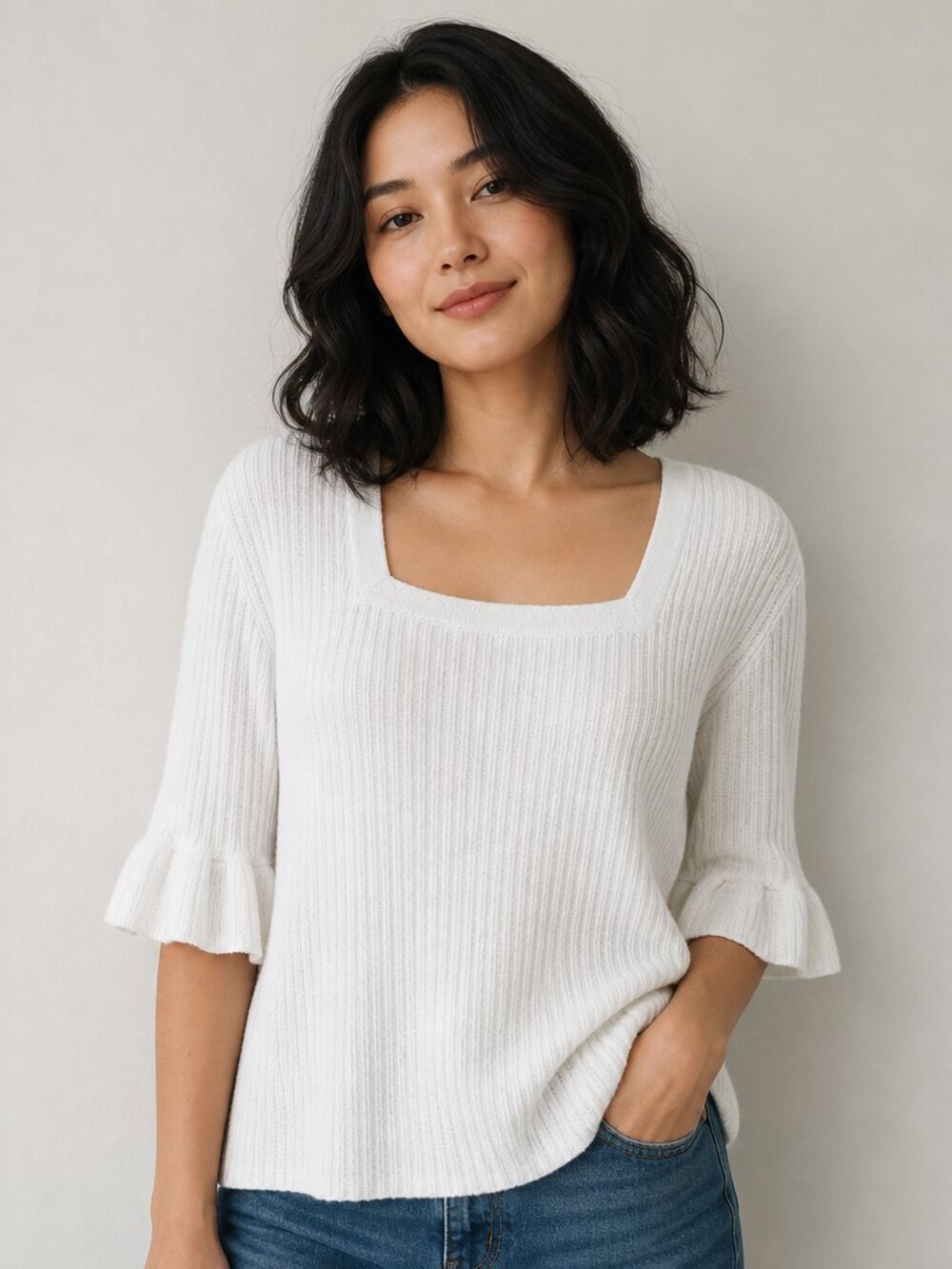 Chadwicks Ribbed Square Neck Ruffle Sleeve Pullover Sweater